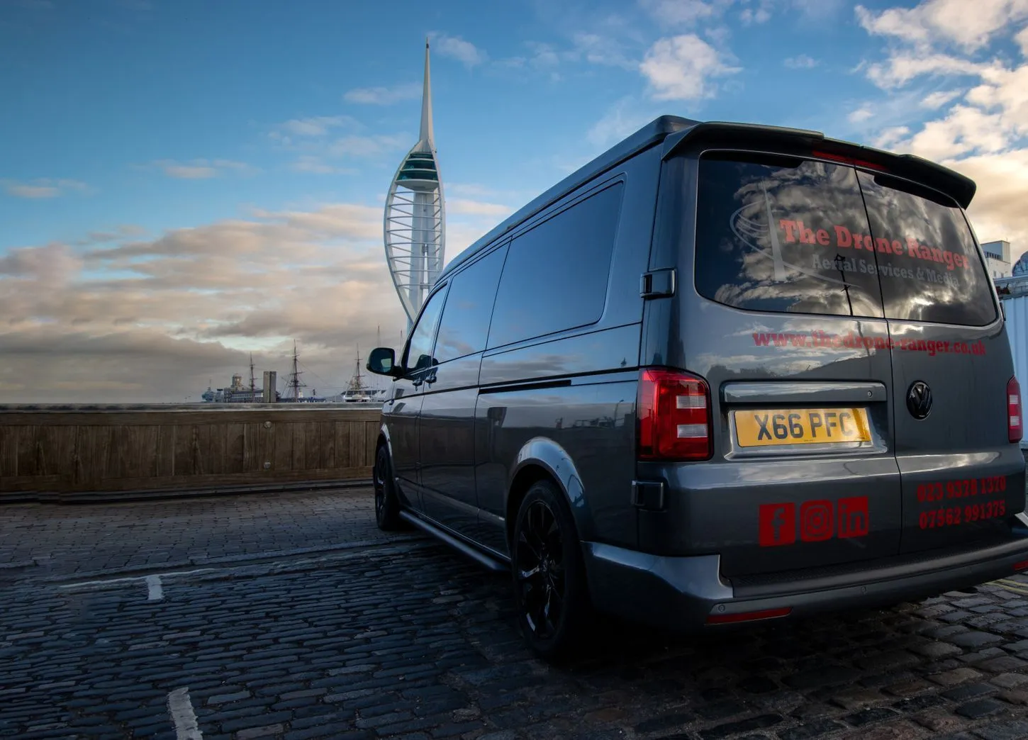 The Drone Ranger Van parked near The Spinnaker Tower